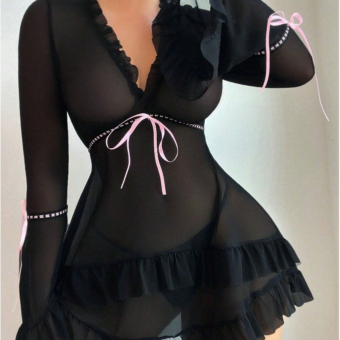 Women’s Lace Mesh Polka Dot Babydoll Lingerie Set