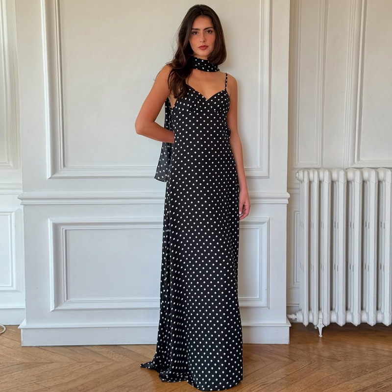 Elegant French Polka Dot Slip Maxi Dress