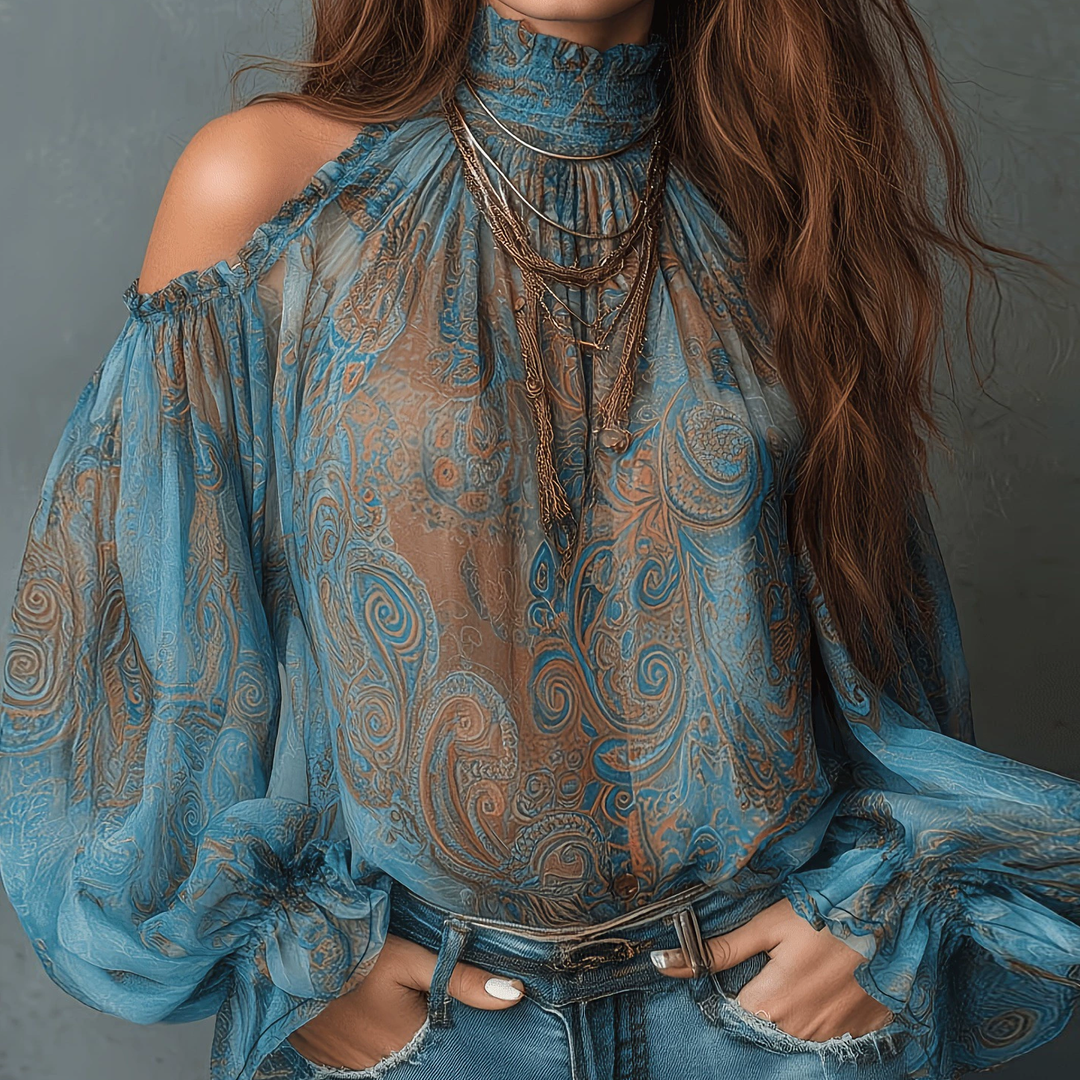 Vintage Paisley Cold-Shoulder Chiffon Blouse