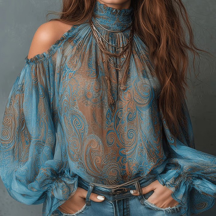 Vintage Paisley Cold-Shoulder Chiffon Blouse