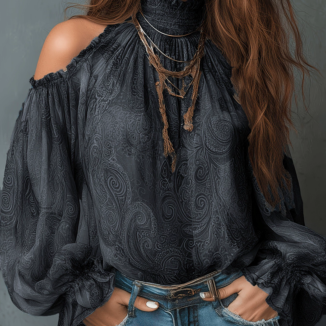 Vintage Paisley Cold-Shoulder Chiffon Blouse