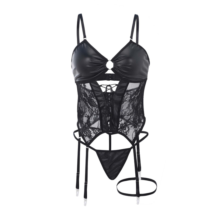 Women’s Faux Leather &amp; Lace Lingerie Set – Lace-Up Detail