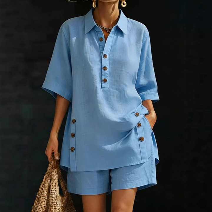 Relaxed Linen Blend Henley Shorts Set
