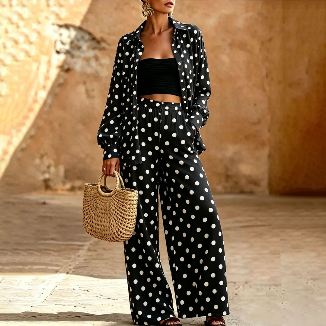 French Polka Dot Wide Leg Pants Set Q