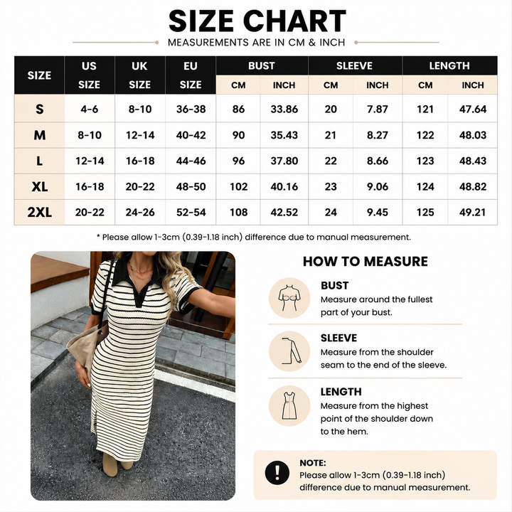 Elegant Striped Polo Knit Midi Dress