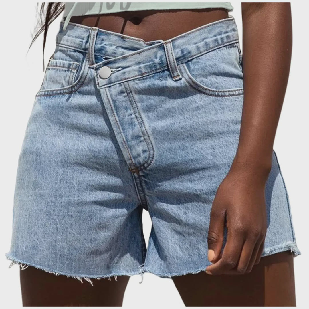 Cross Waist High Rise Distressed Denim Shorts