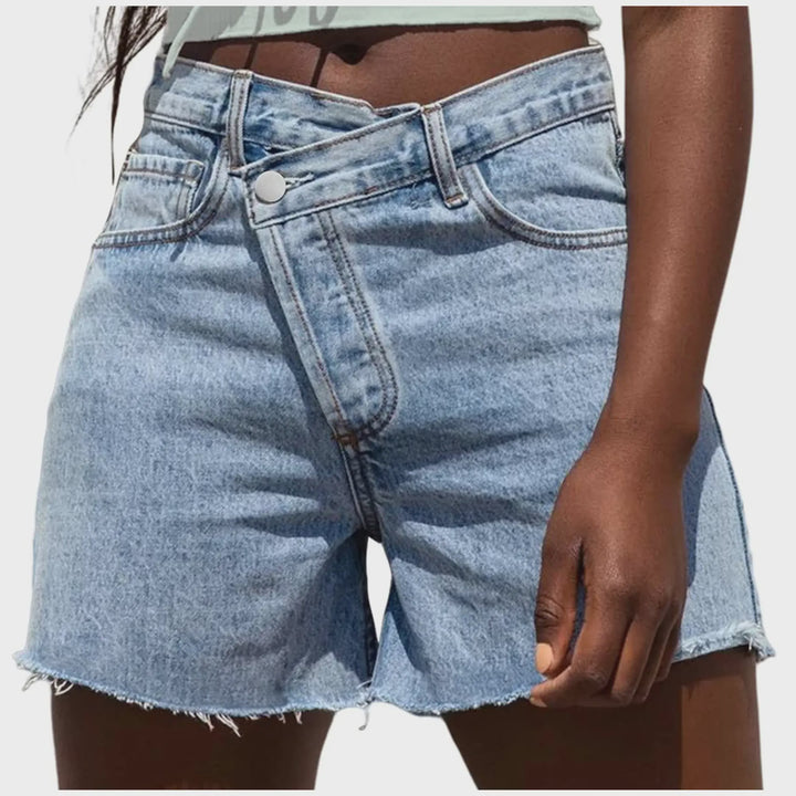 Cross Waist High Rise Distressed Denim Shorts