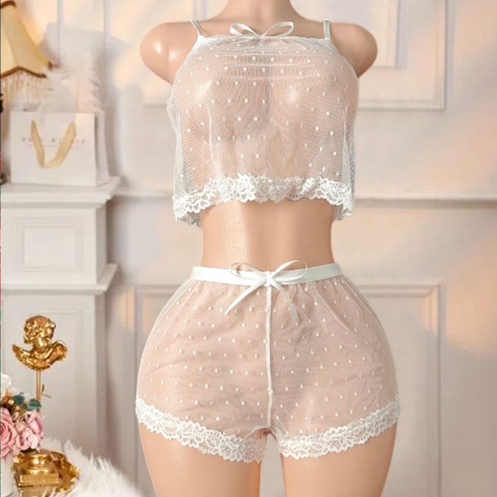 Women’s Polka Dot Mesh Romper – Lace Trim