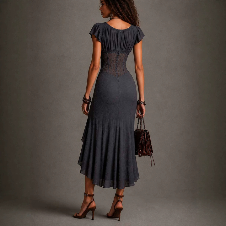 Elegant Sheer Lace Ruched Maxi Dress