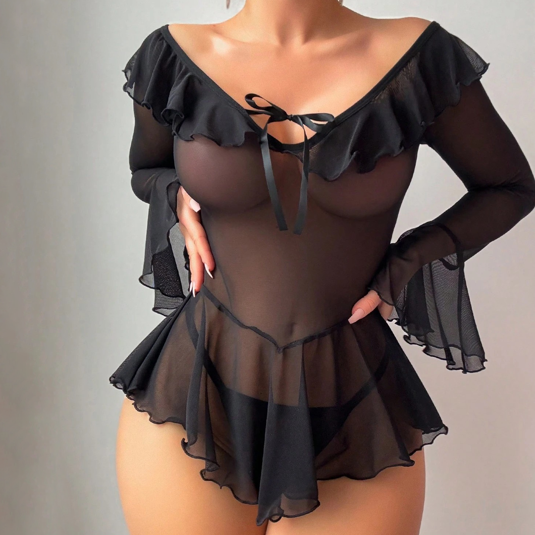 Mesh off-shoulder bell sleeve nightgown