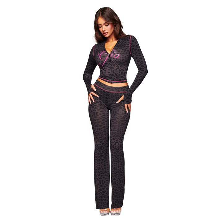 Leopard print zipper street style tracksuit