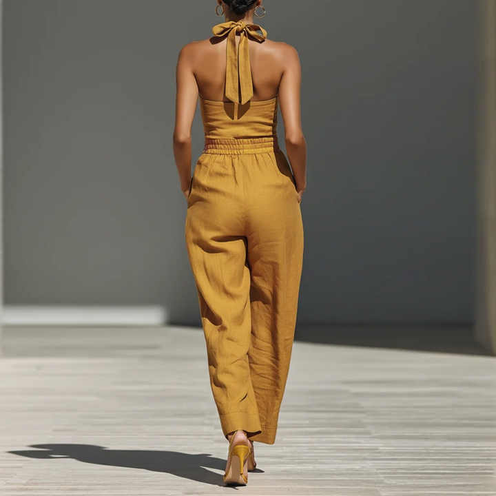 Linen Blend Cross-Front Wide Leg Jumpsuit
