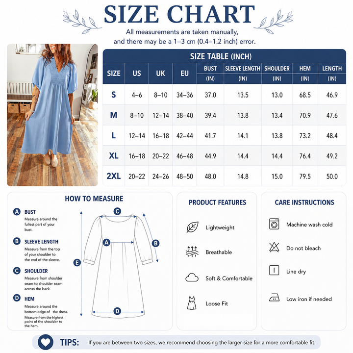 Relaxed Smocked V-Neck Midi Dress