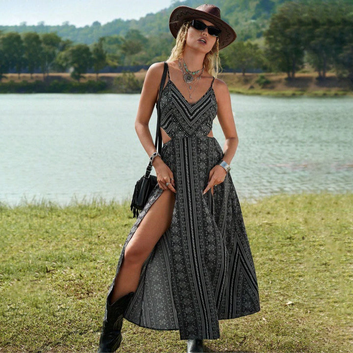 Floral print backless halter-neck slit resort dress
