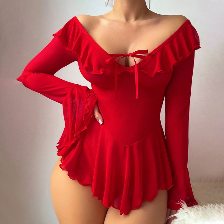 Mesh off-shoulder bell sleeve nightgown