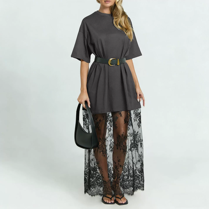 Plus Size Sheer Lace Hem Midi Dress