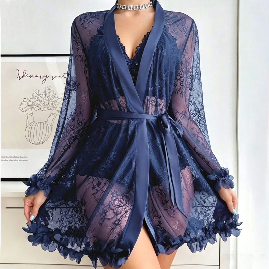 Women’s Lace Lingerie Set – 3-Piece with Robe