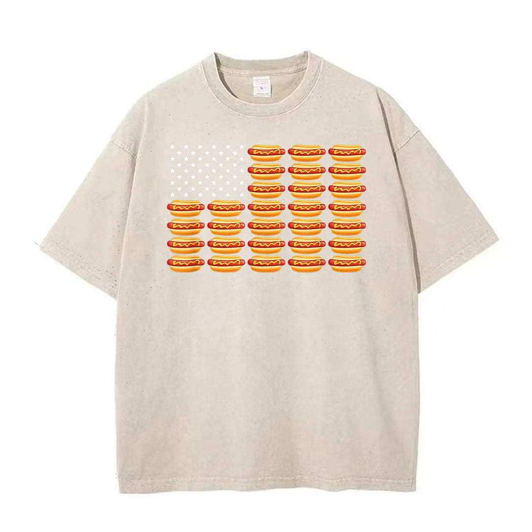 Retro Washed Cotton Hot Dog American Flag T-Shirt