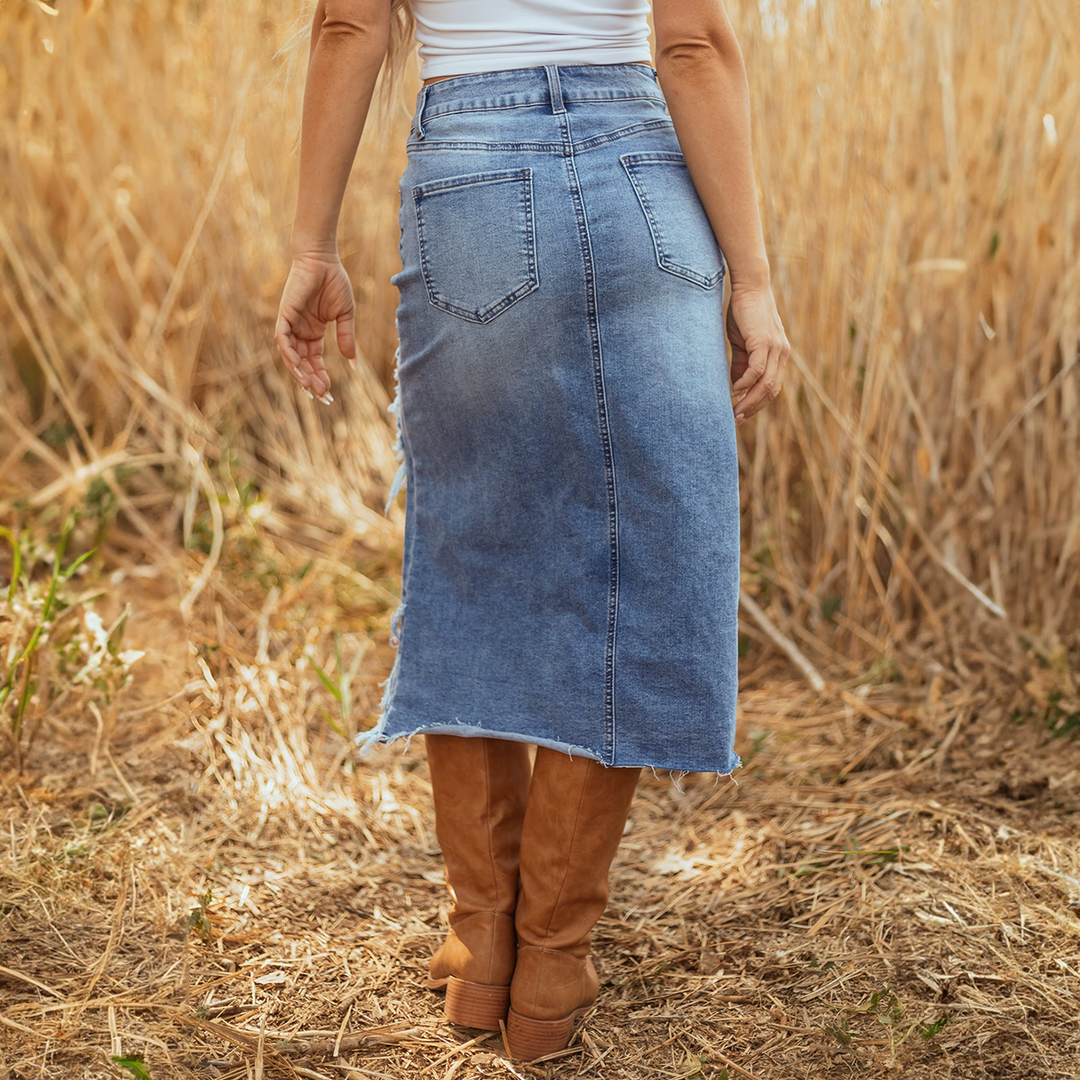 Asymmetrical Distressed Denim Midi Skirt