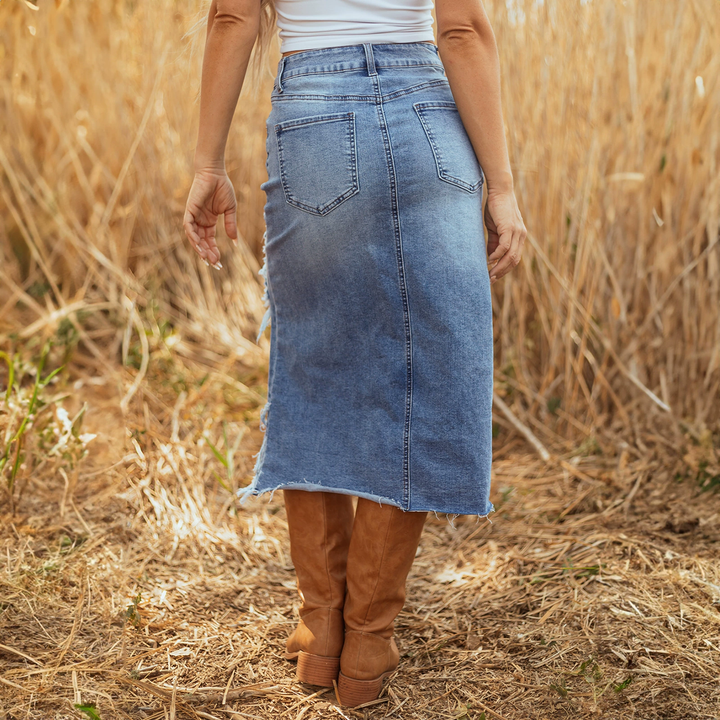 Asymmetrical Distressed Denim Midi Skirt