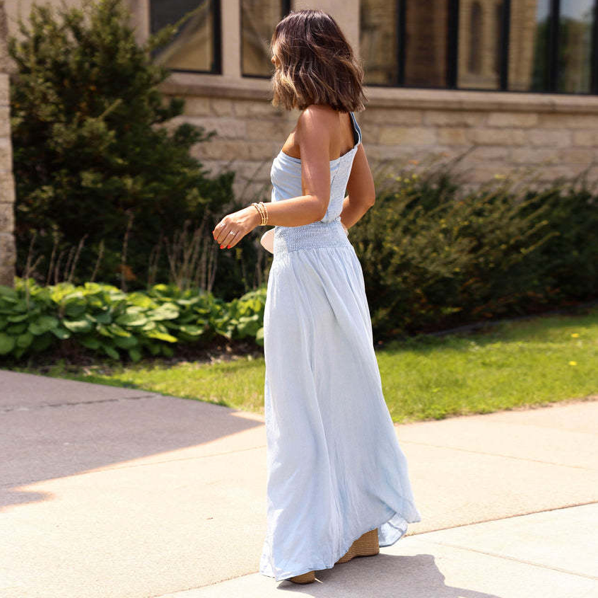 Smocked Button-Front Maxi Skirt