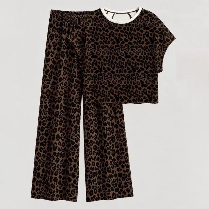 Leopard print short-sleeved wide-leg pants loungewear set