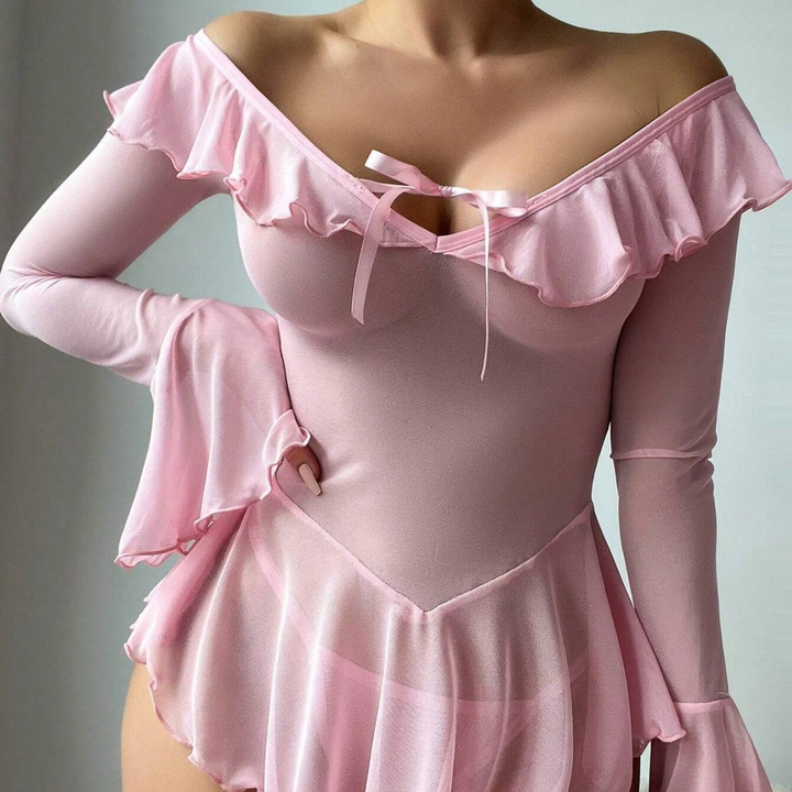 Mesh off-shoulder bell sleeve nightgown