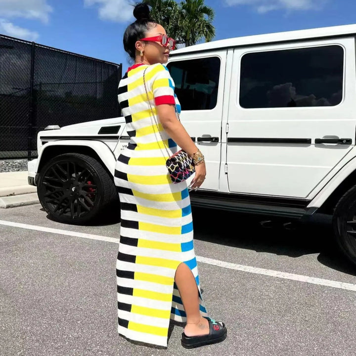 Colorblock Striped Slit T-Shirt Maxi Dress
