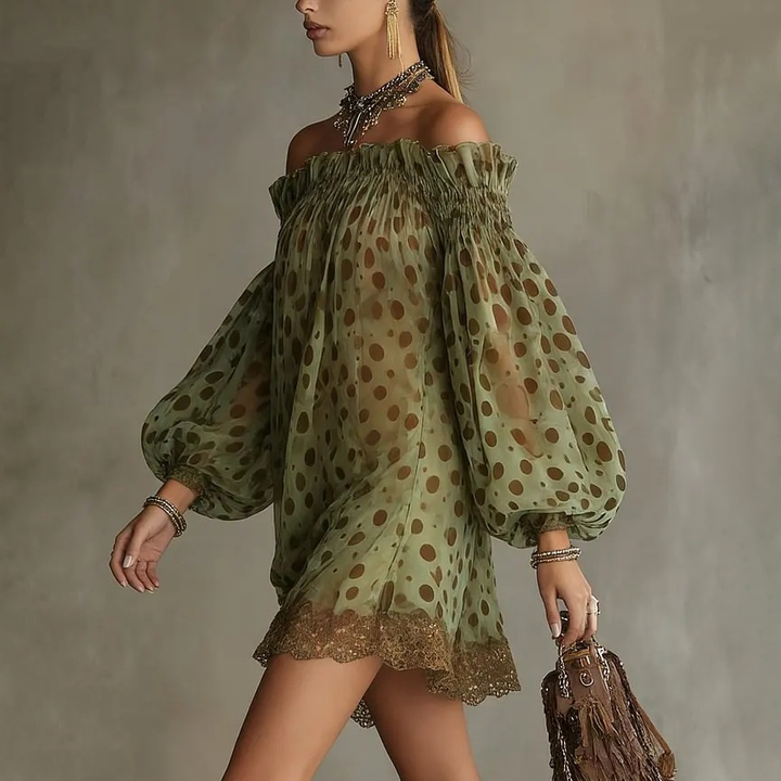 Bohemian-style off-shoulder polka dot mini dress