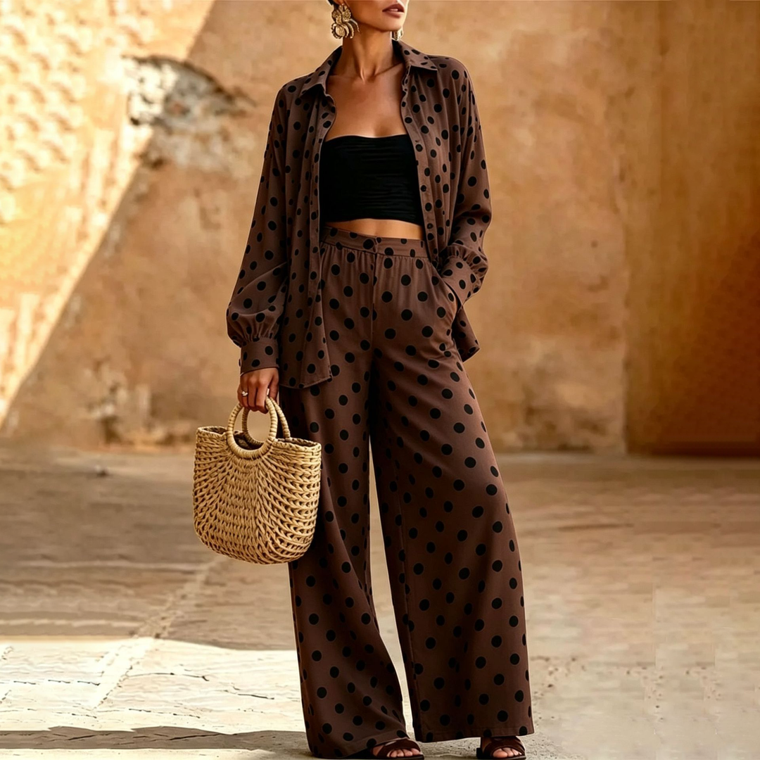 French Polka Dot Wide Leg Pants Set Q