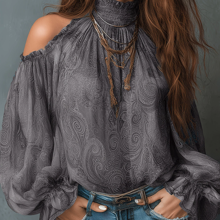 Vintage Paisley Cold-Shoulder Chiffon Blouse