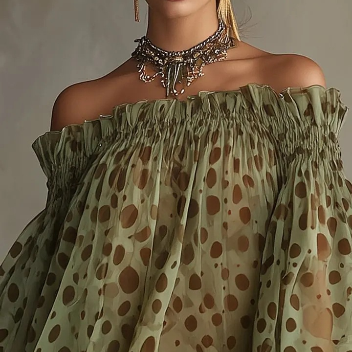 Bohemian-style off-shoulder polka dot mini dress