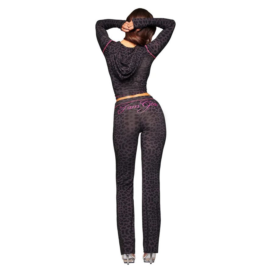 Leopard print zipper street style tracksuit