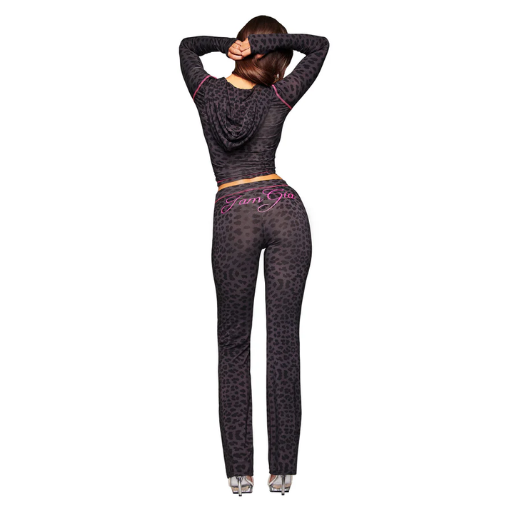 Leopard print zipper street style tracksuit