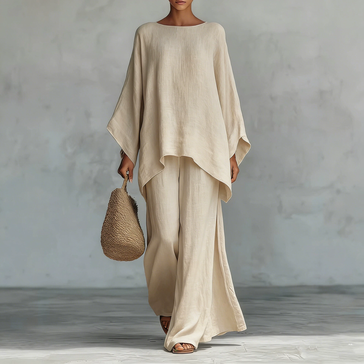 Elegant Linen Blend Top &amp; Wide Leg Pants Set