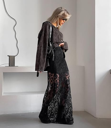 Black Sheer Lace Midi Skirt