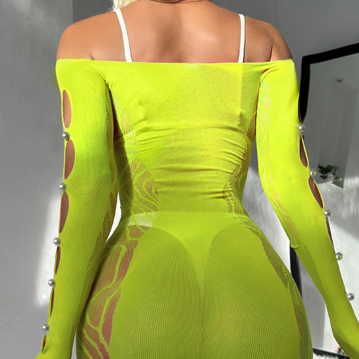 Women’s Off-Shoulder Mesh Mini Dress – Cutout Detail