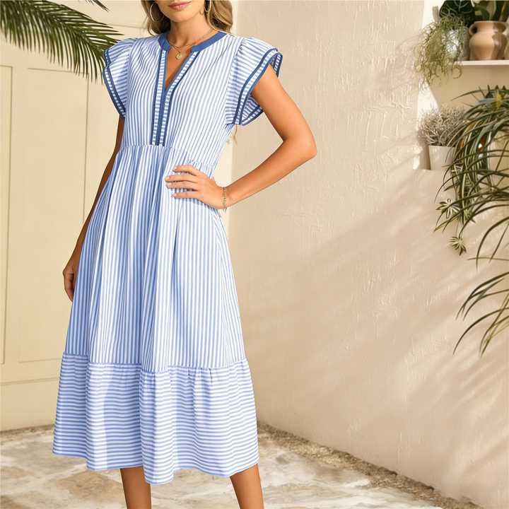 Elegant Striped Flutter Sleeve Midi Dress