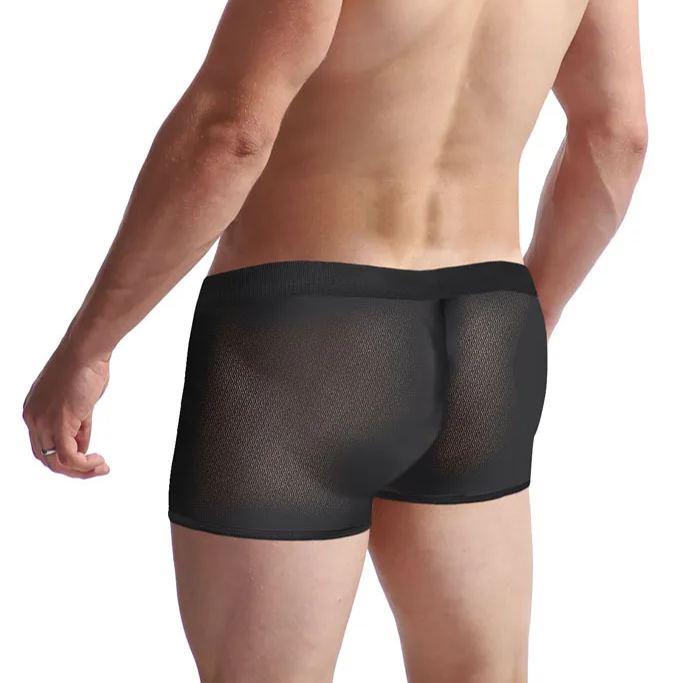 Men's Sexy Mid-Rise Fine Mesh Faux Leather Zipper Boxer Briefs