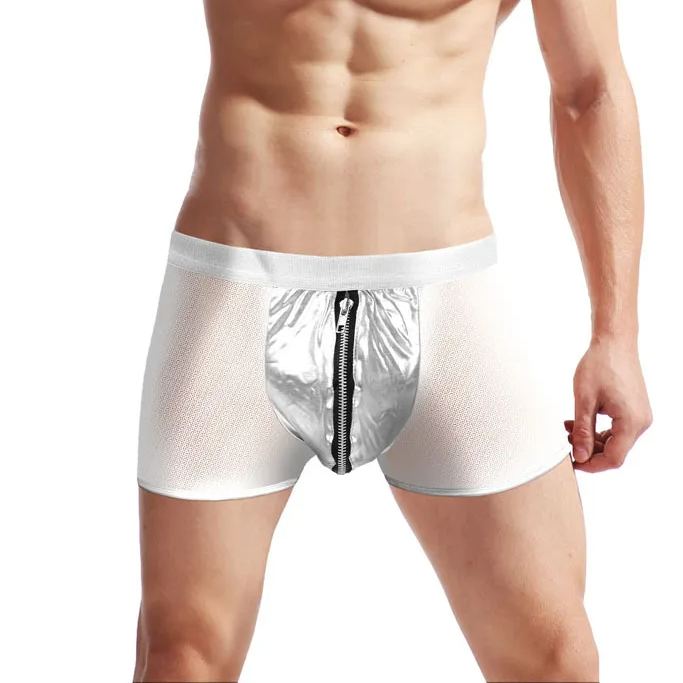 Men's Sexy Mid-Rise Fine Mesh Faux Leather Zipper Boxer Briefs