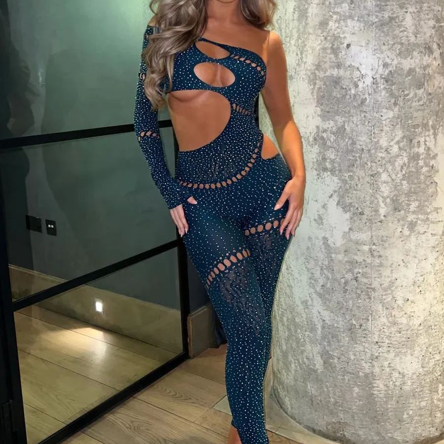 Shiny rhinestone mesh jumpsuit