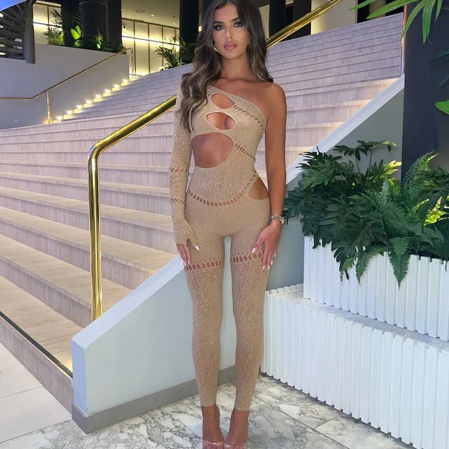 Shiny rhinestone mesh jumpsuit