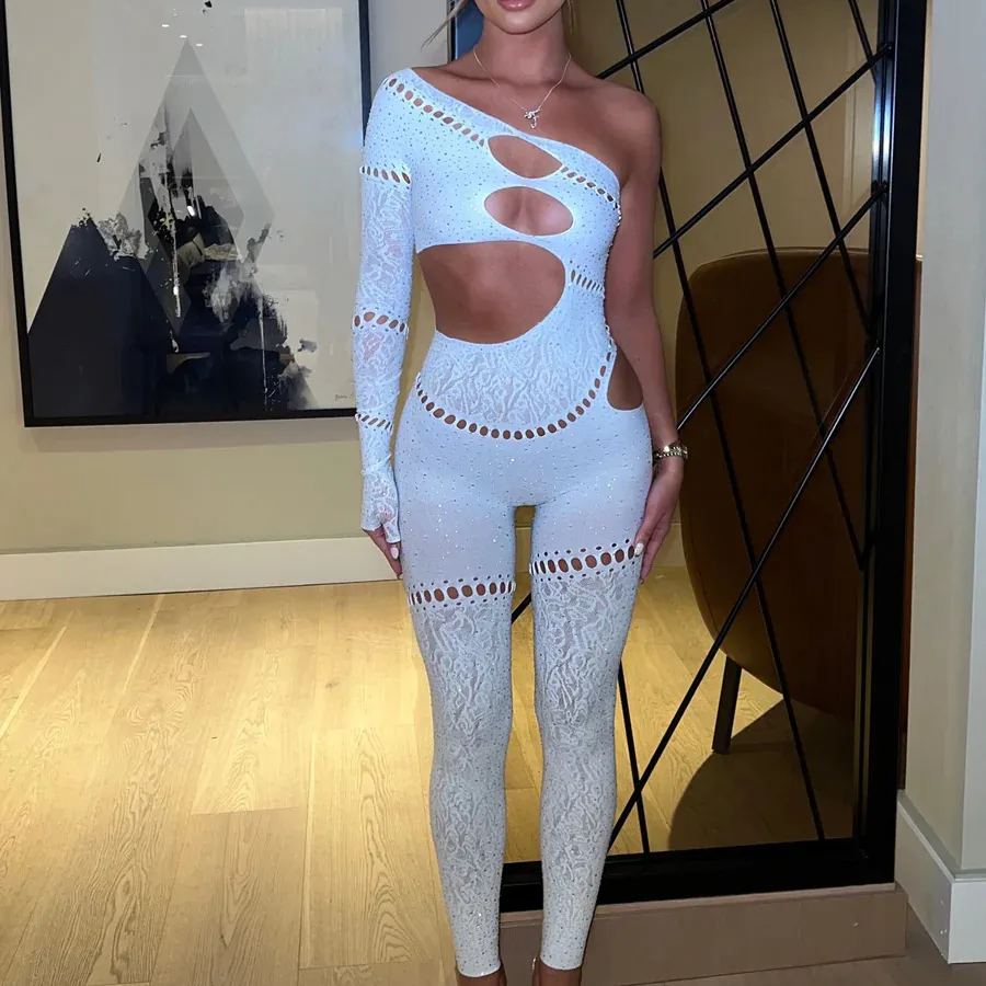 Shiny rhinestone mesh jumpsuit
