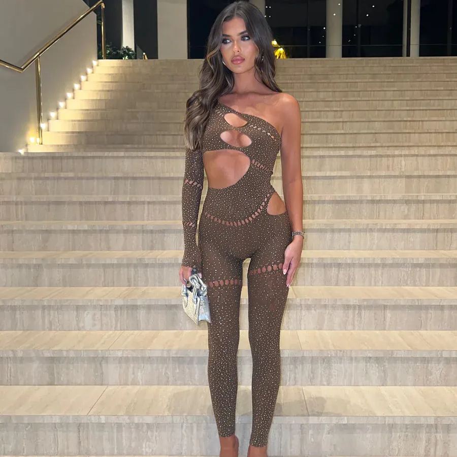 Shiny rhinestone mesh jumpsuit