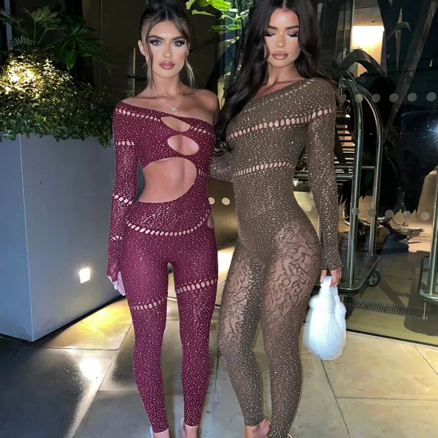 Shiny rhinestone mesh jumpsuit