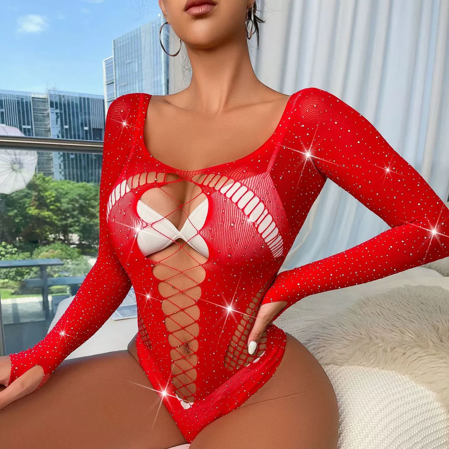 Hot diamond shiny sexy lingerie long sleeve mesh