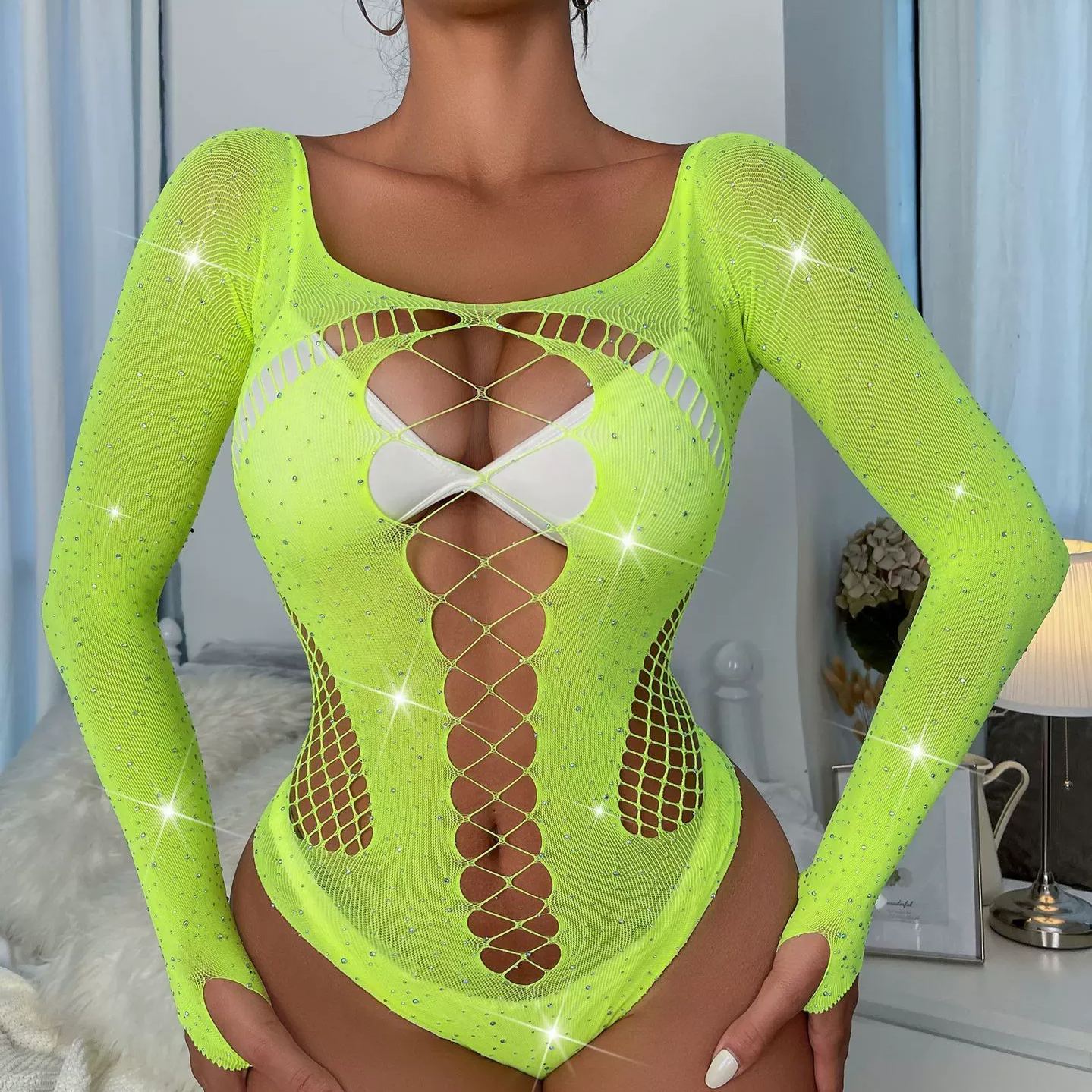 Hot diamond shiny sexy lingerie long sleeve mesh