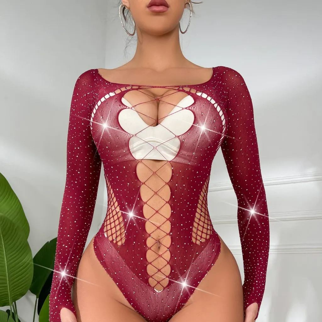 Hot diamond shiny sexy lingerie long sleeve mesh