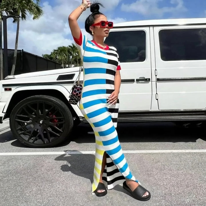 Colorblock Striped Slit T-Shirt Maxi Dress
