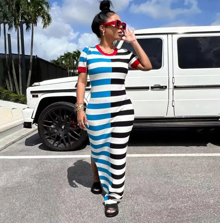 Colorblock Striped Slit T-Shirt Maxi Dress